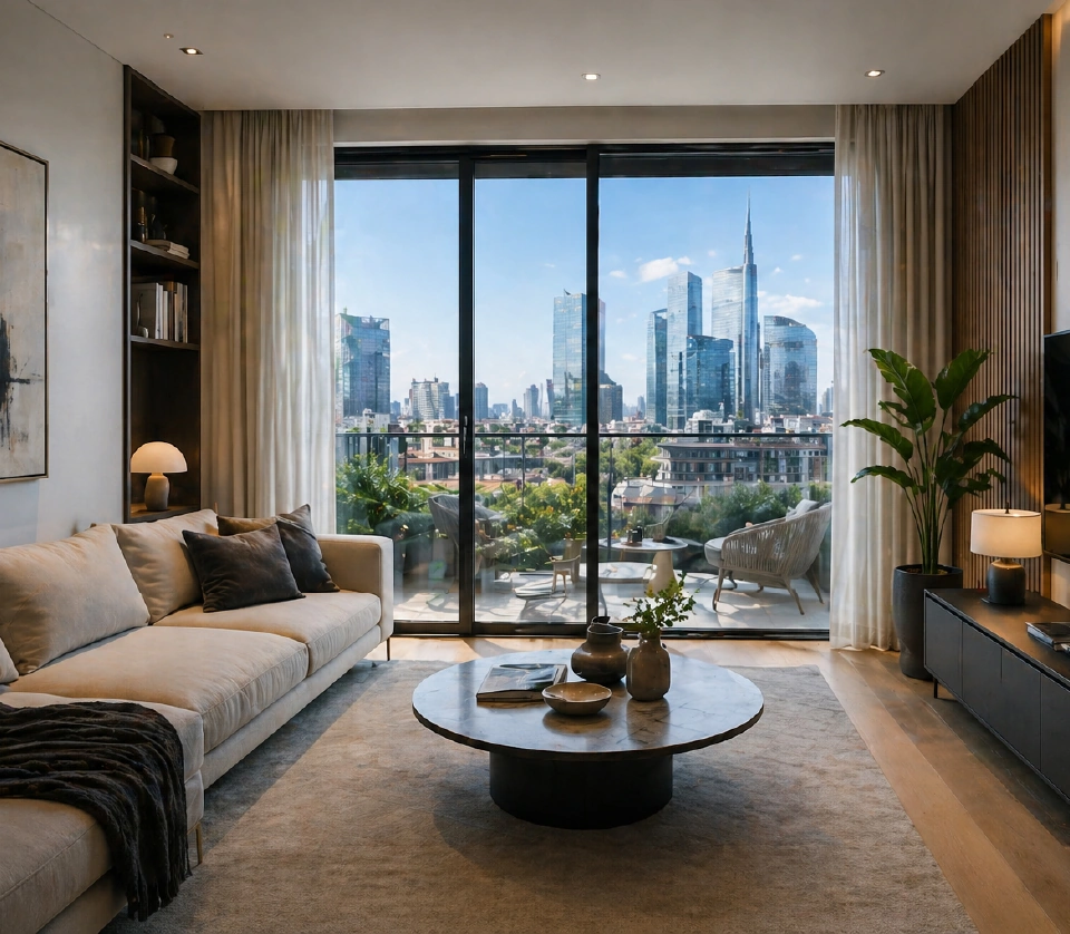 Soggiorno elegante con grande vetrata e vista skyline per vendita residenziale